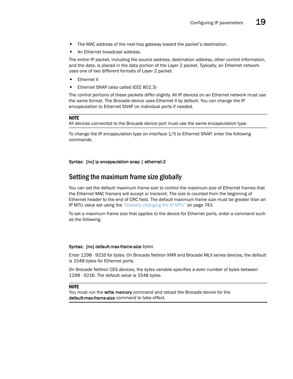 Setting the maximum frame size globally | Brocade Multi-Service IronWare Switching Configuration Guide (Supporting R05.6.00) User Manual | Page 771 / 984