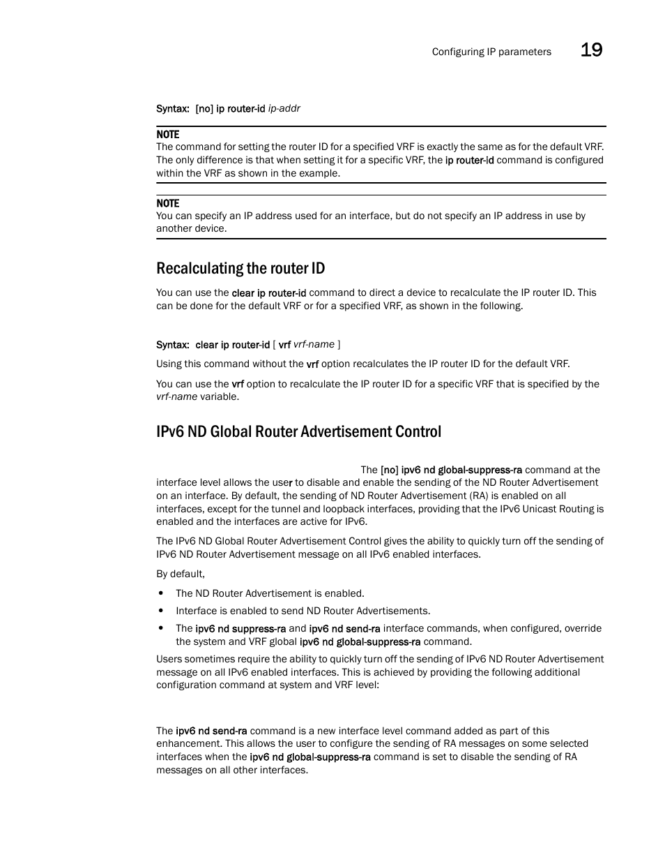 Recalculating the router id, Ipv6 nd global router advertisement control | Brocade Multi-Service IronWare Switching Configuration Guide (Supporting R05.6.00) User Manual | Page 775 / 984