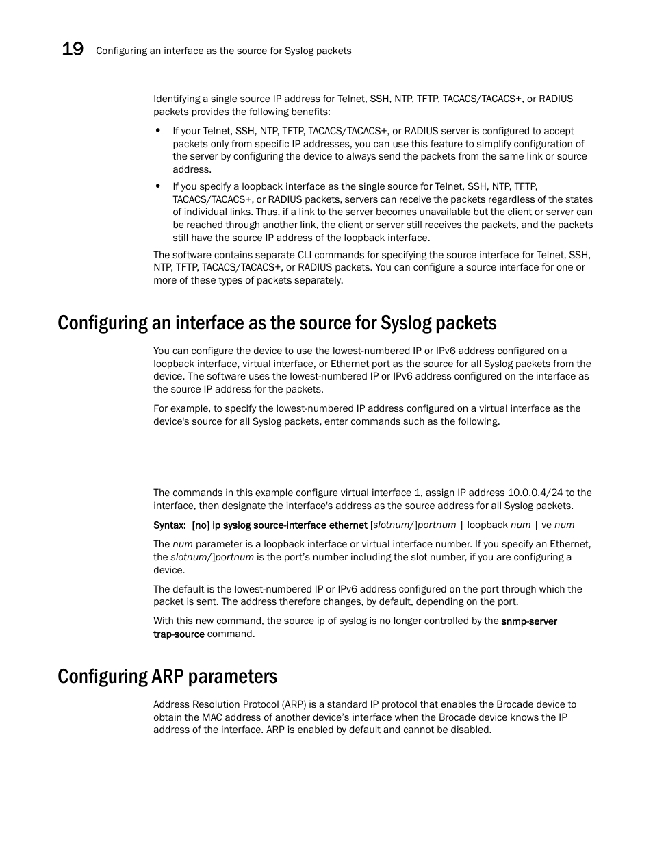 Configuring arp parameters, Configuring, Arp parameters | Brocade Multi-Service IronWare Switching Configuration Guide (Supporting R05.6.00) User Manual | Page 778 / 984