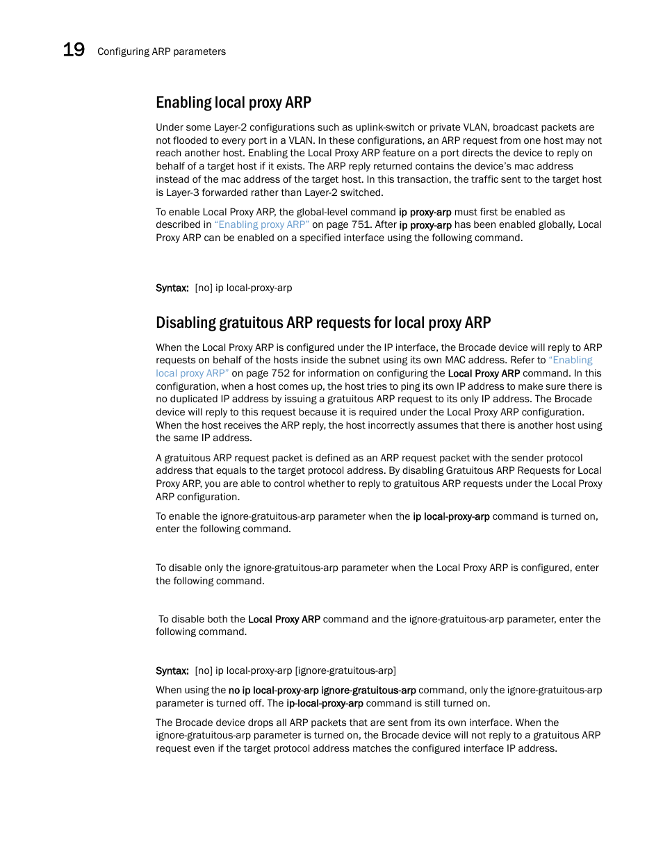 Enabling local proxy arp | Brocade Multi-Service IronWare Switching Configuration Guide (Supporting R05.6.00) User Manual | Page 782 / 984