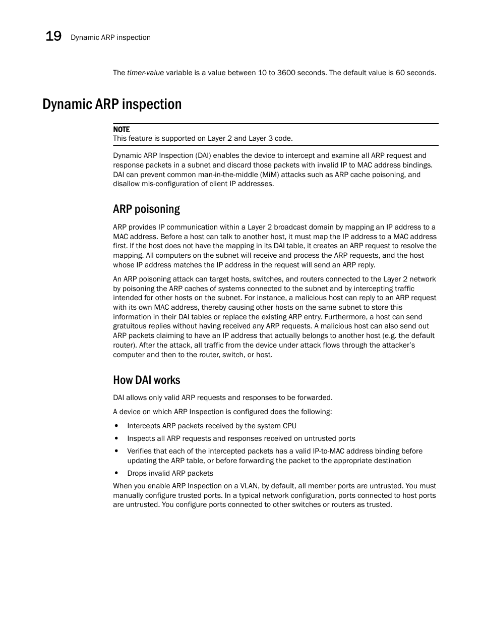 Dynamic arp inspection, Arp poisoning, How dai works | Brocade Multi-Service IronWare Switching Configuration Guide (Supporting R05.6.00) User Manual | Page 784 / 984