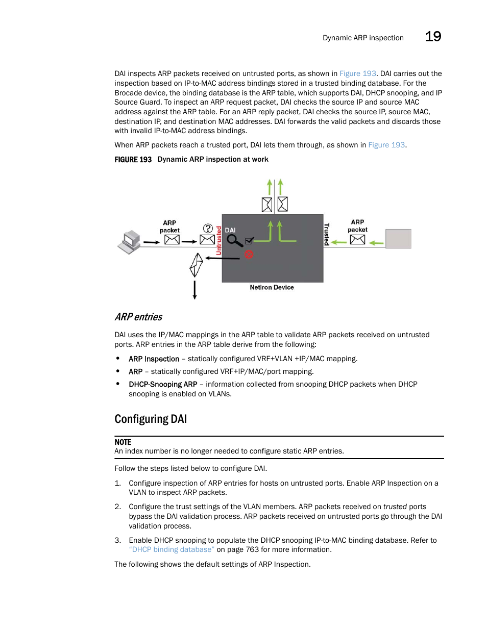 Configuring dai, Arp entries | Brocade Multi-Service IronWare Switching Configuration Guide (Supporting R05.6.00) User Manual | Page 785 / 984