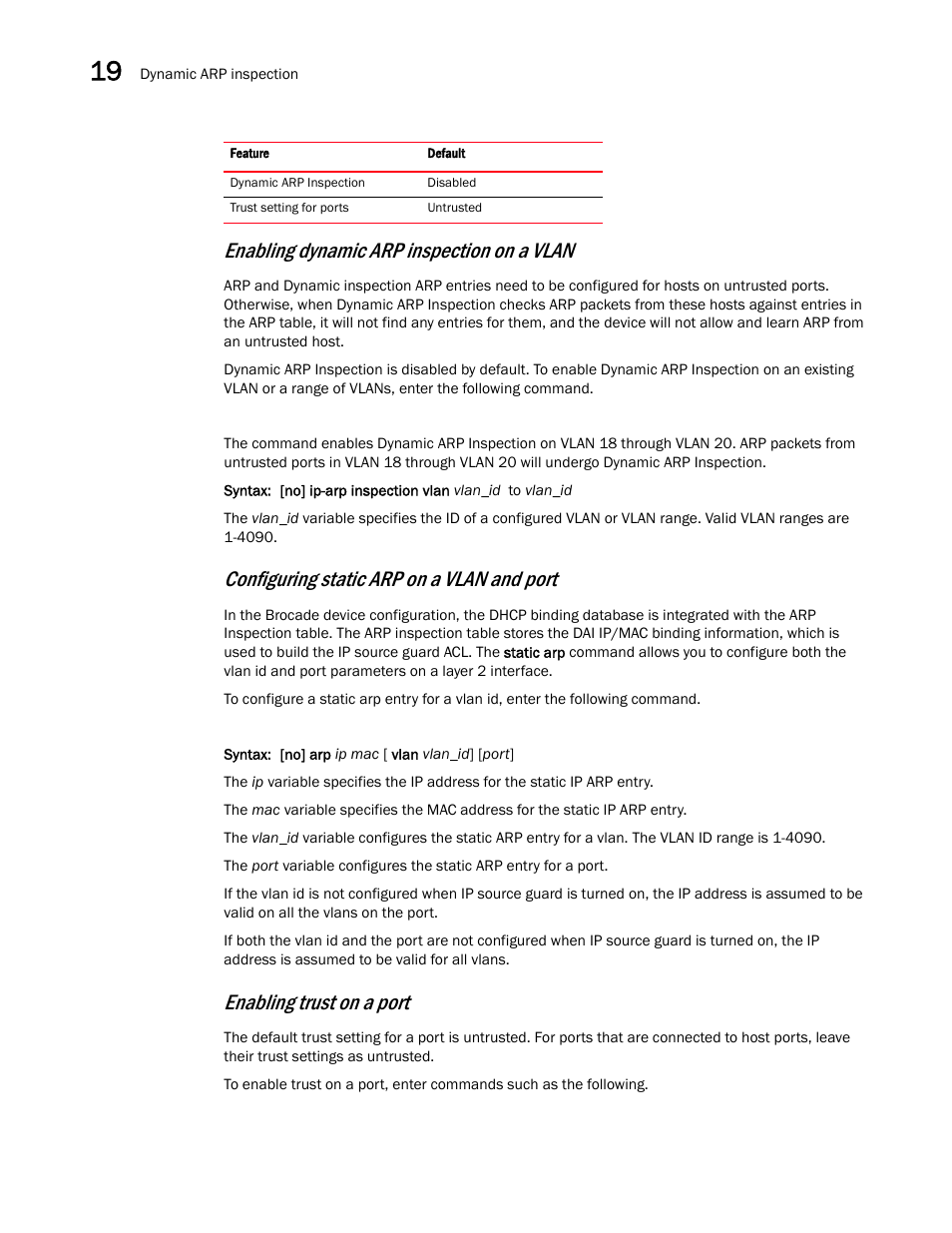 Enabling dynamic arp inspection on a vlan, Configuring static arp on a vlan and port, Enabling trust on a port | Brocade Multi-Service IronWare Switching Configuration Guide (Supporting R05.6.00) User Manual | Page 786 / 984