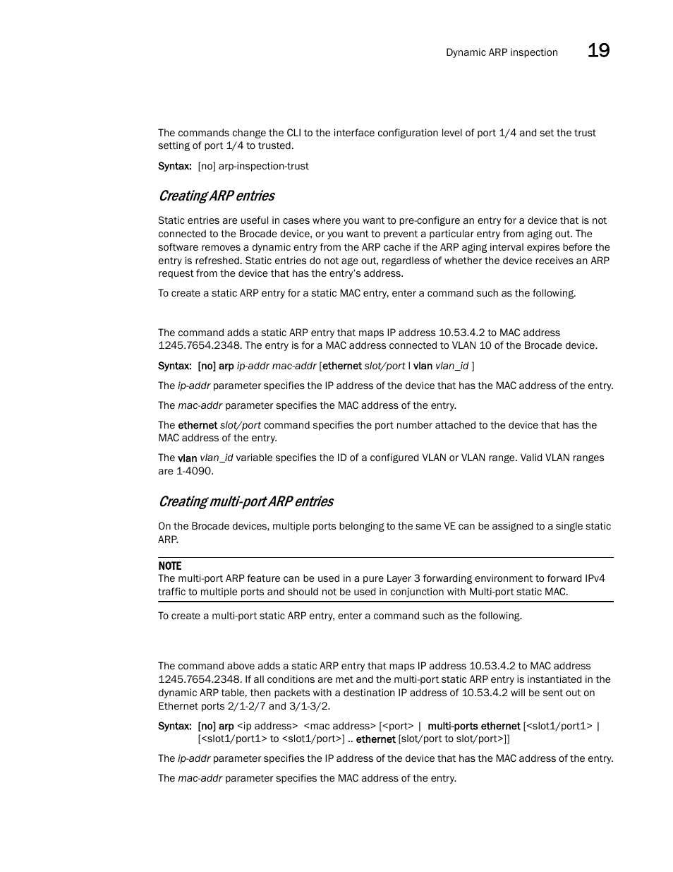 Creating arp entries, Creating multi-port arp entries | Brocade Multi-Service IronWare Switching Configuration Guide (Supporting R05.6.00) User Manual | Page 787 / 984