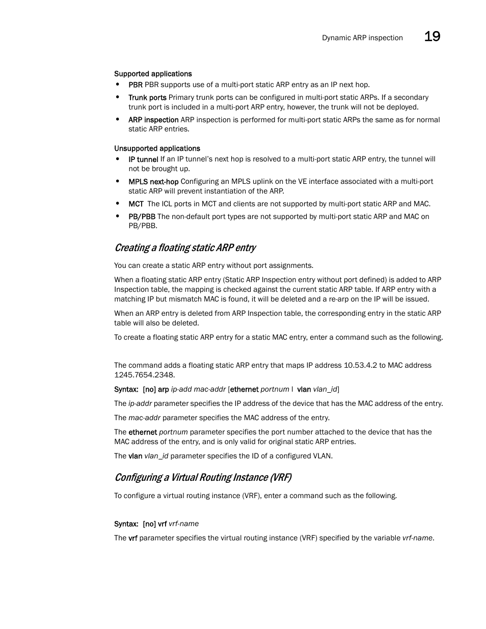 Creating a floating static arp entry, Configuring a virtual routing instance (vrf) | Brocade Multi-Service IronWare Switching Configuration Guide (Supporting R05.6.00) User Manual | Page 789 / 984