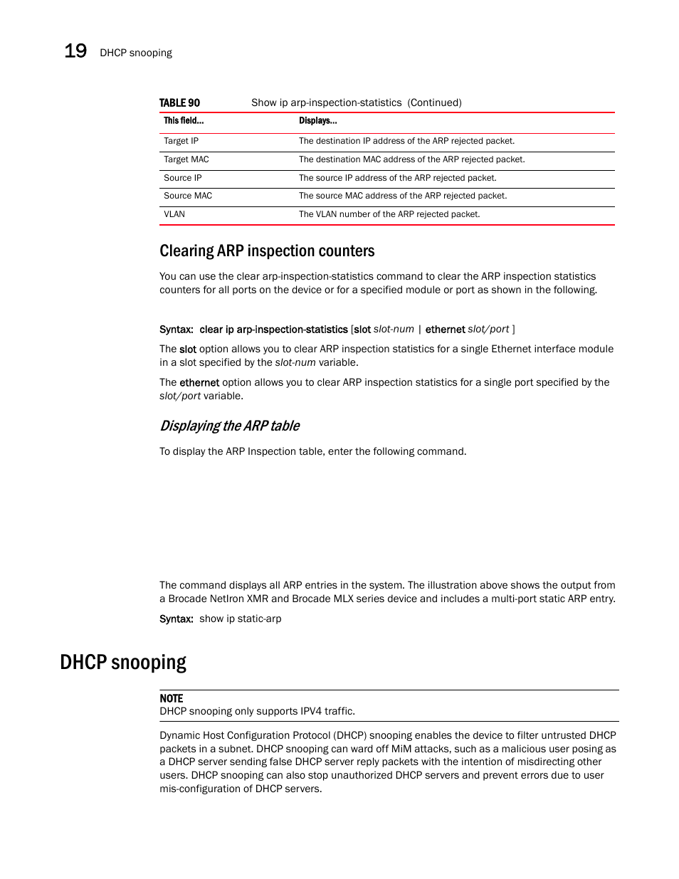 Clearing arp inspection counters, Dhcp snooping, Displaying the arp table | Brocade Multi-Service IronWare Switching Configuration Guide (Supporting R05.6.00) User Manual | Page 792 / 984