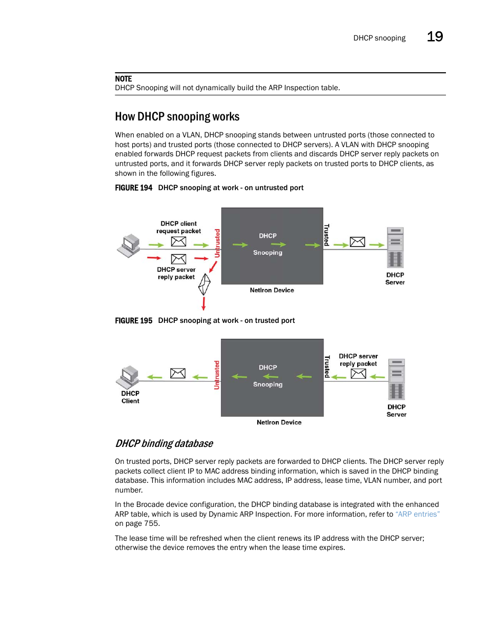 How dhcp snooping works, Dhcp binding database | Brocade Multi-Service IronWare Switching Configuration Guide (Supporting R05.6.00) User Manual | Page 793 / 984