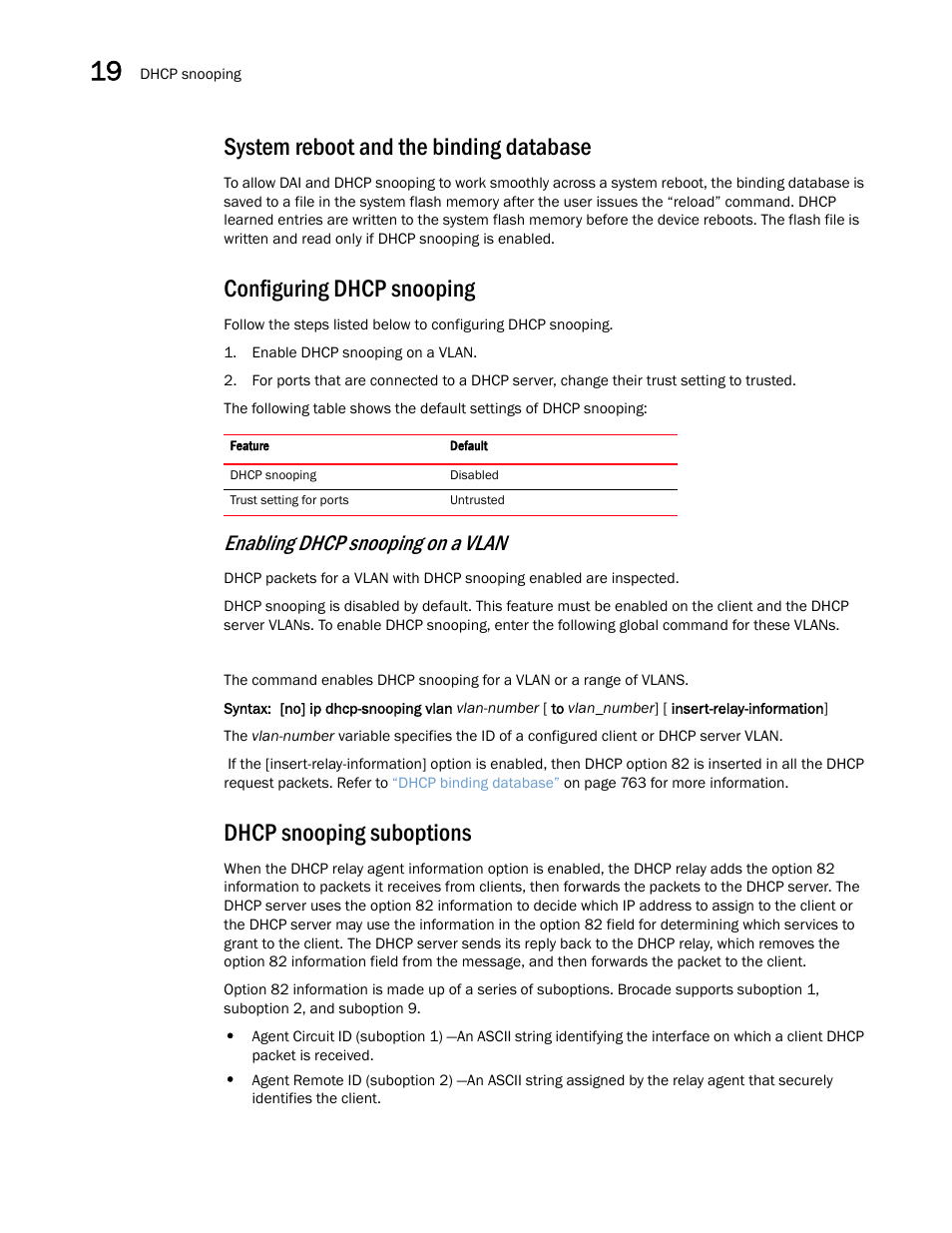 System reboot and the binding database, Configuring dhcp snooping, Dhcp snooping suboptions | Enabling dhcp snooping on a vlan | Brocade Multi-Service IronWare Switching Configuration Guide (Supporting R05.6.00) User Manual | Page 794 / 984