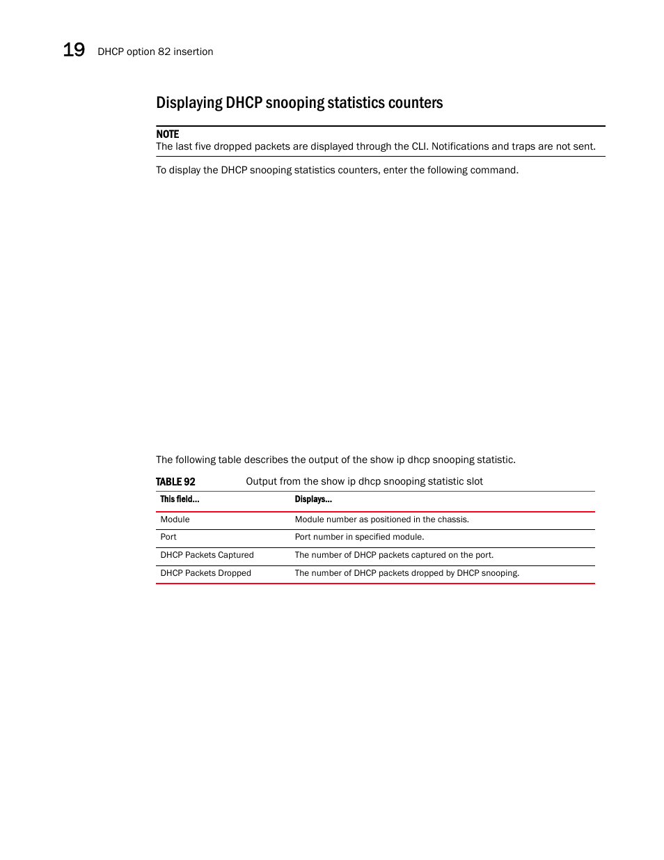 Displaying dhcp snooping statistics counters | Brocade Multi-Service IronWare Switching Configuration Guide (Supporting R05.6.00) User Manual | Page 798 / 984