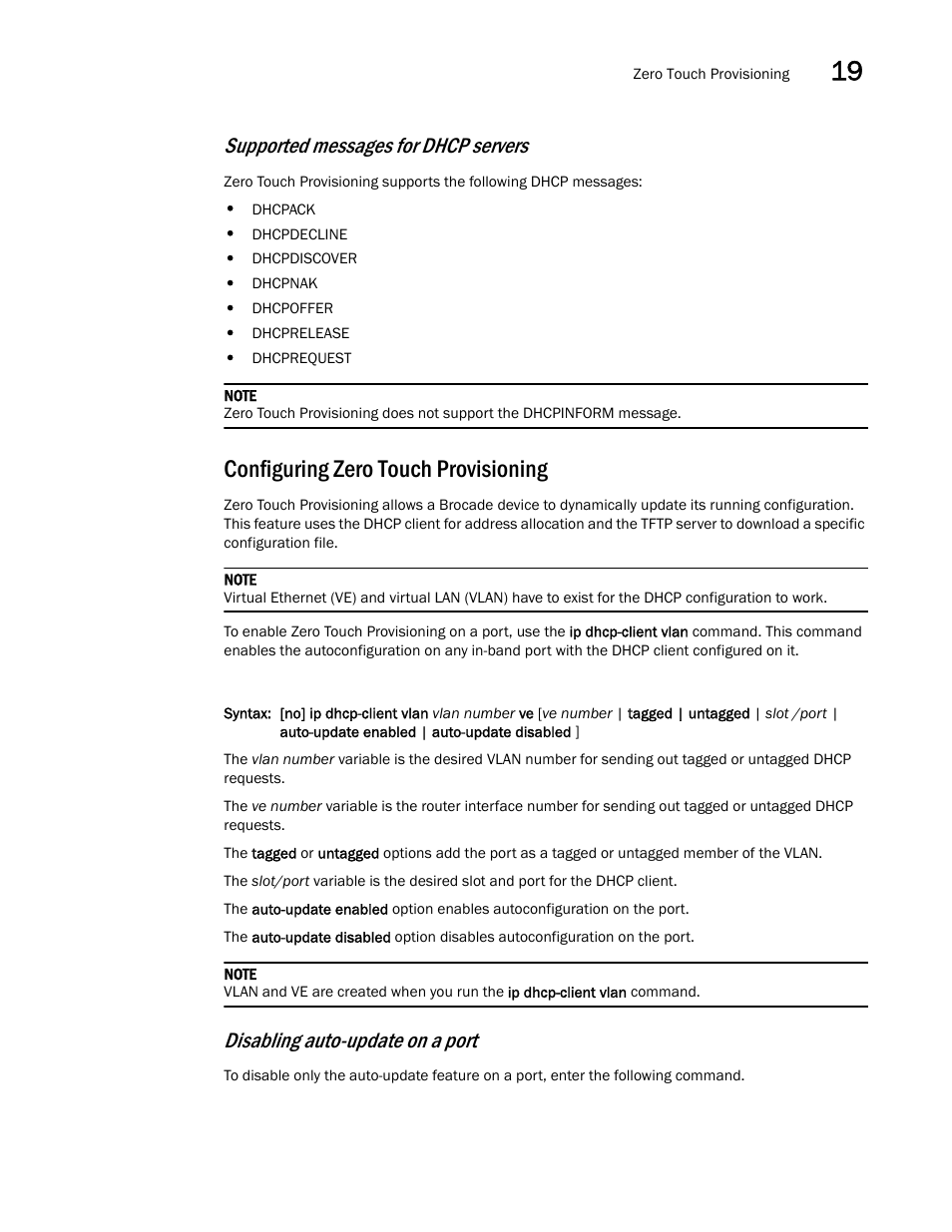 Configuring zero touch provisioning, Supported messages for dhcp servers, Disabling auto-update on a port | Brocade Multi-Service IronWare Switching Configuration Guide (Supporting R05.6.00) User Manual | Page 803 / 984