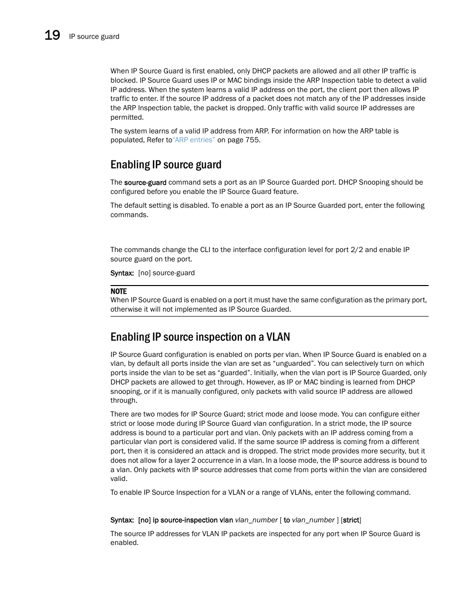 Enabling ip source guard, Enabling ip source inspection on a vlan | Brocade Multi-Service IronWare Switching Configuration Guide (Supporting R05.6.00) User Manual | Page 806 / 984