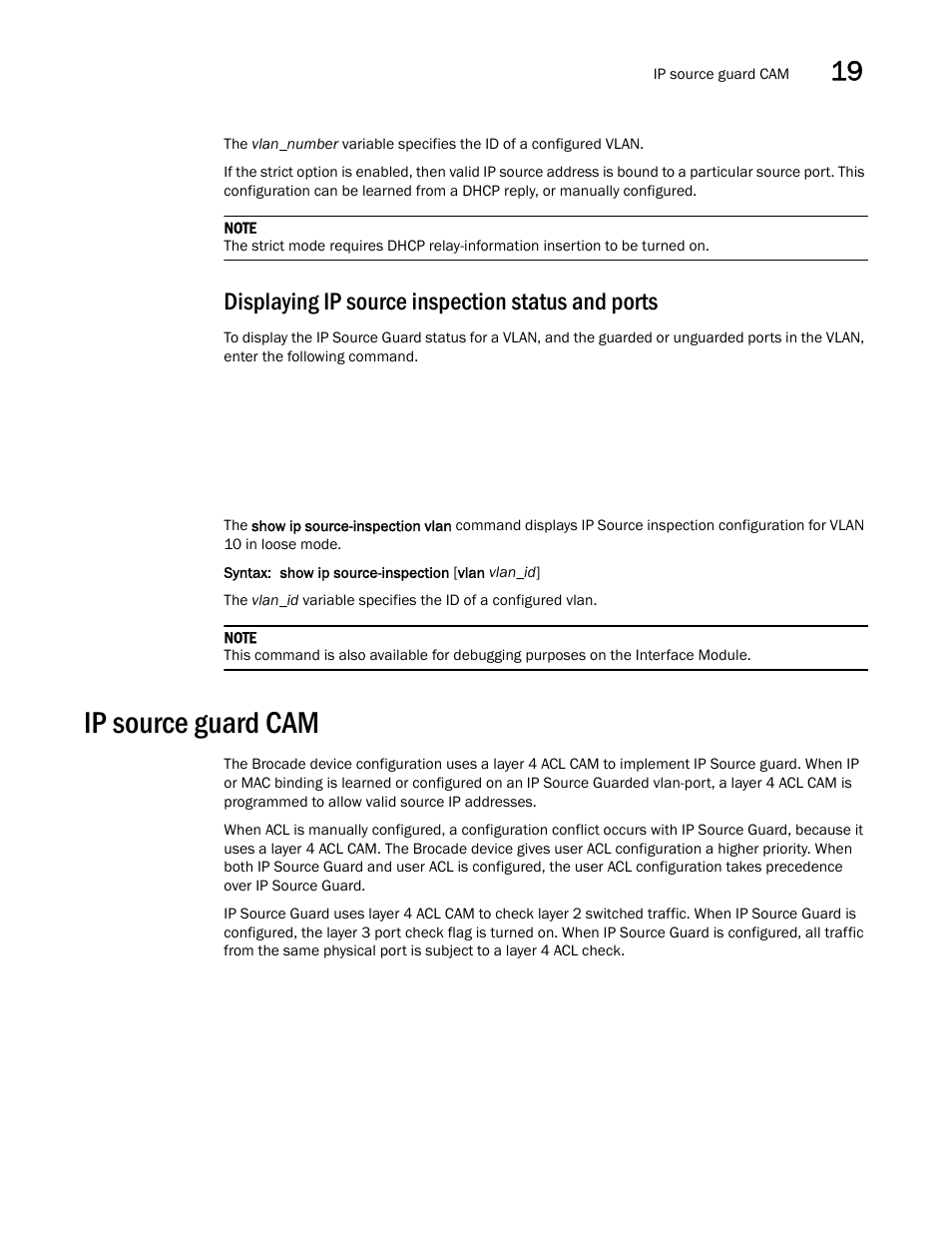 Displaying ip source inspection status and ports, Ip source guard cam | Brocade Multi-Service IronWare Switching Configuration Guide (Supporting R05.6.00) User Manual | Page 807 / 984