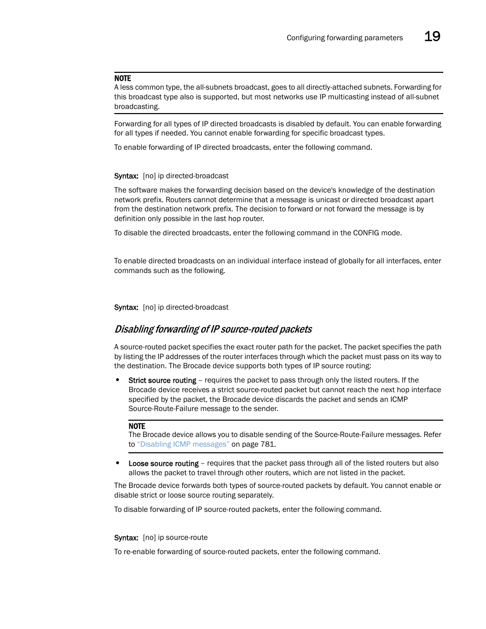 Disabling forwarding of ip source-routed packets | Brocade Multi-Service IronWare Switching Configuration Guide (Supporting R05.6.00) User Manual | Page 809 / 984