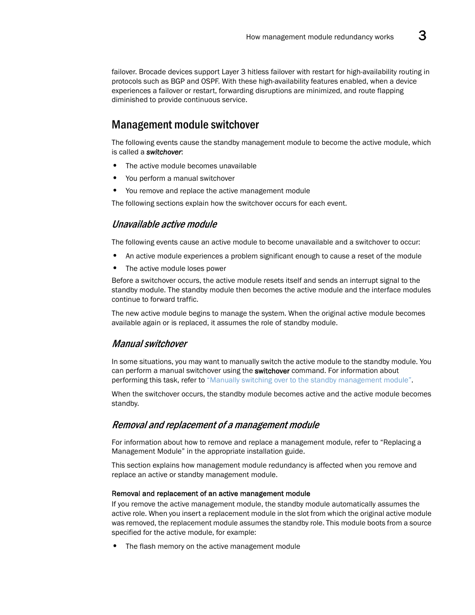 Management module switchover, Unavailable active module, Manual switchover | Removal and replacement of a management module | Brocade Multi-Service IronWare Switching Configuration Guide (Supporting R05.6.00) User Manual | Page 81 / 984