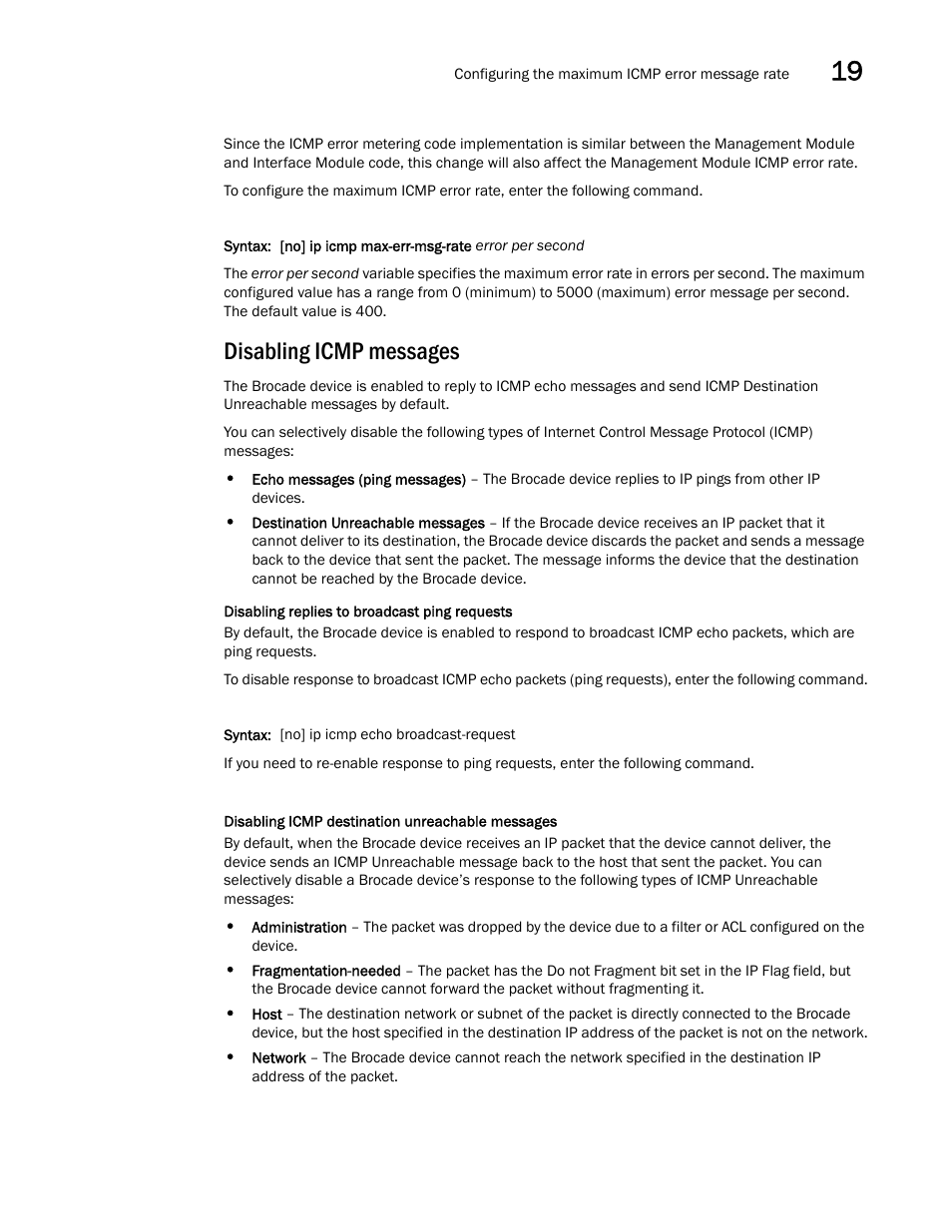 Disabling icmp messages | Brocade Multi-Service IronWare Switching Configuration Guide (Supporting R05.6.00) User Manual | Page 811 / 984