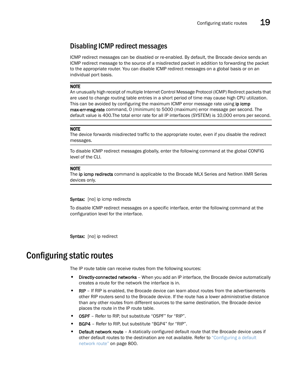 Disabling icmp redirect messages, Configuring static routes | Brocade Multi-Service IronWare Switching Configuration Guide (Supporting R05.6.00) User Manual | Page 813 / 984