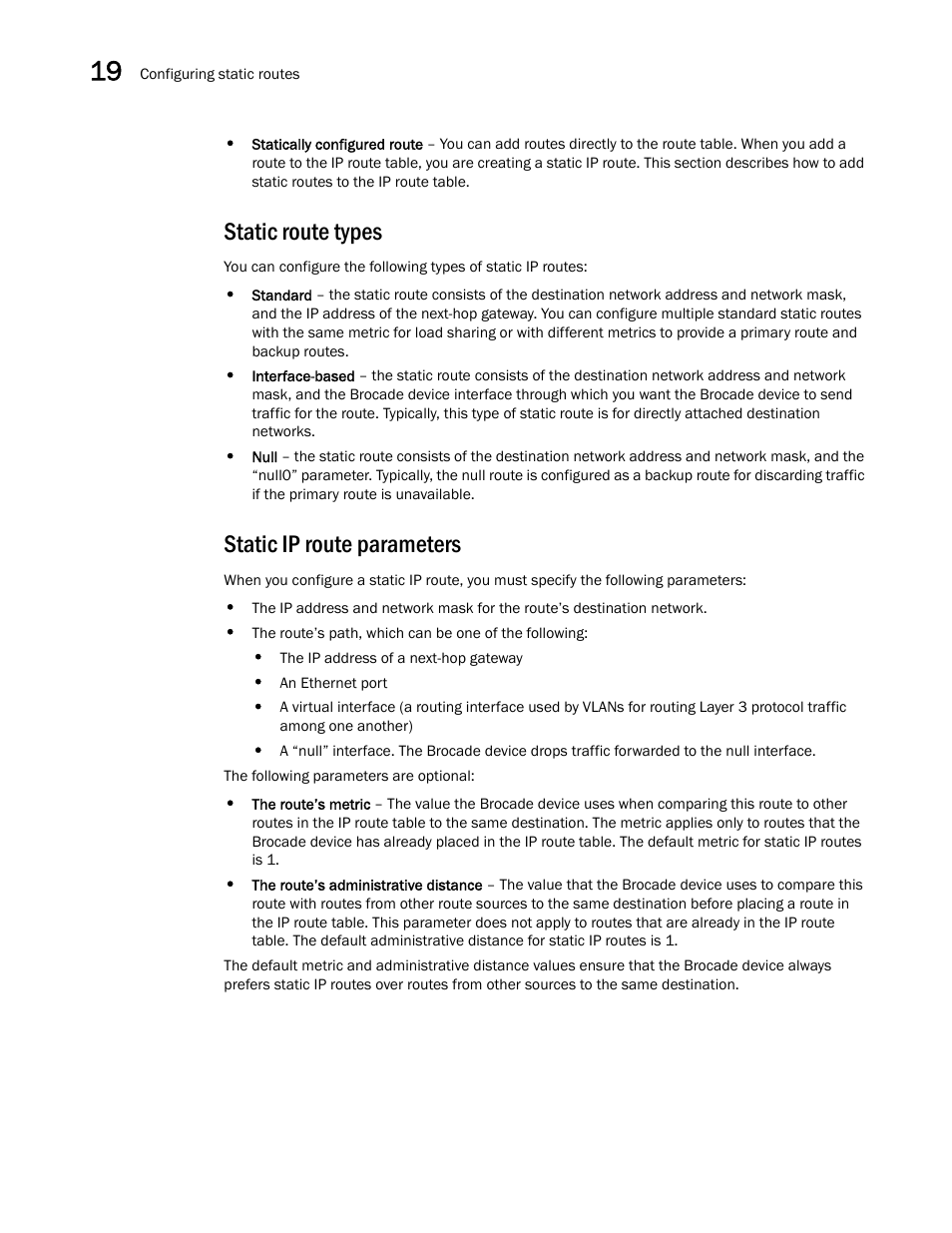 Static route types, Static ip route parameters | Brocade Multi-Service IronWare Switching Configuration Guide (Supporting R05.6.00) User Manual | Page 814 / 984