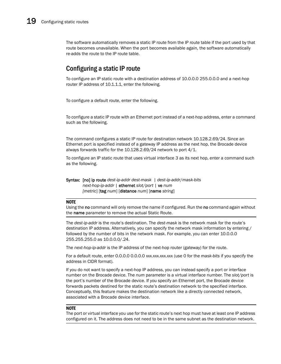 Configuring a static ip route | Brocade Multi-Service IronWare Switching Configuration Guide (Supporting R05.6.00) User Manual | Page 816 / 984