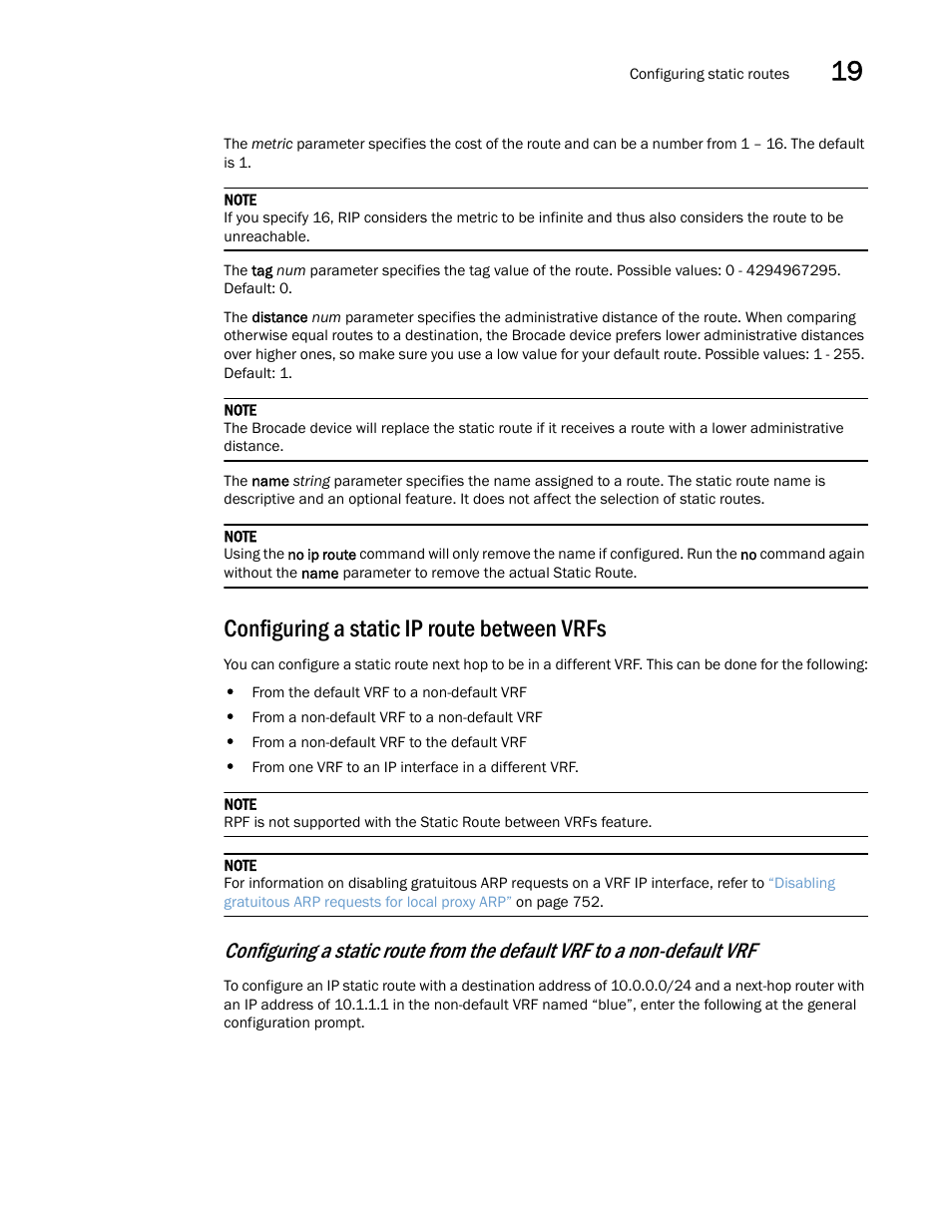 Configuring a static ip route between vrfs | Brocade Multi-Service IronWare Switching Configuration Guide (Supporting R05.6.00) User Manual | Page 817 / 984