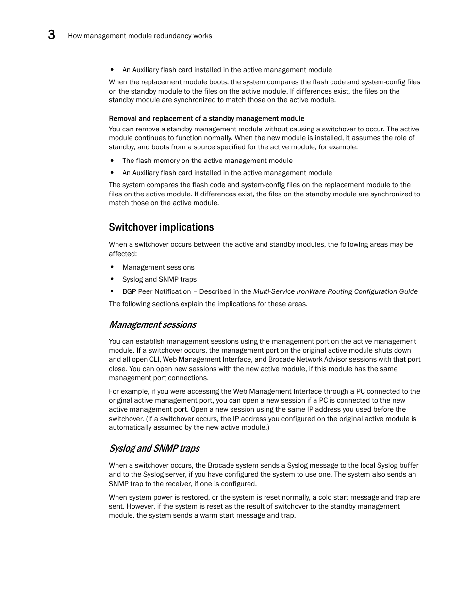 Switchover implications, Management sessions, Syslog and snmp traps | Brocade Multi-Service IronWare Switching Configuration Guide (Supporting R05.6.00) User Manual | Page 82 / 984