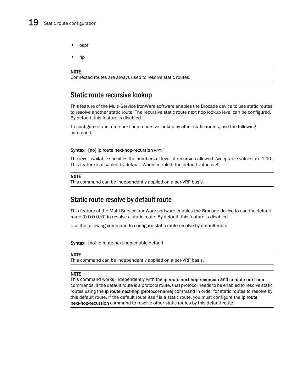 Static route recursive lookup, Static route resolve by default route | Brocade Multi-Service IronWare Switching Configuration Guide (Supporting R05.6.00) User Manual | Page 826 / 984