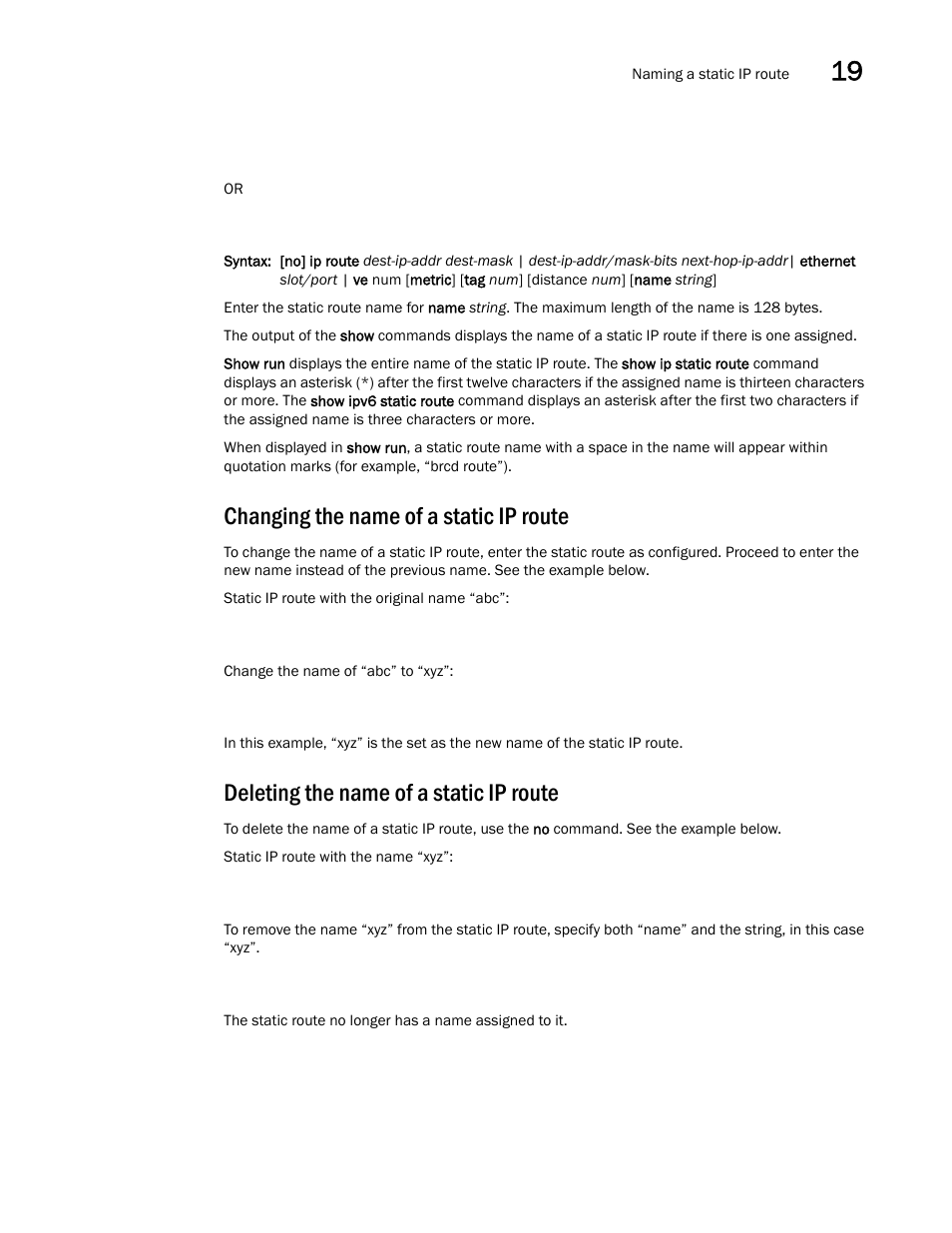 Changing the name of a static ip route, Deleting the name of a static ip route | Brocade Multi-Service IronWare Switching Configuration Guide (Supporting R05.6.00) User Manual | Page 829 / 984