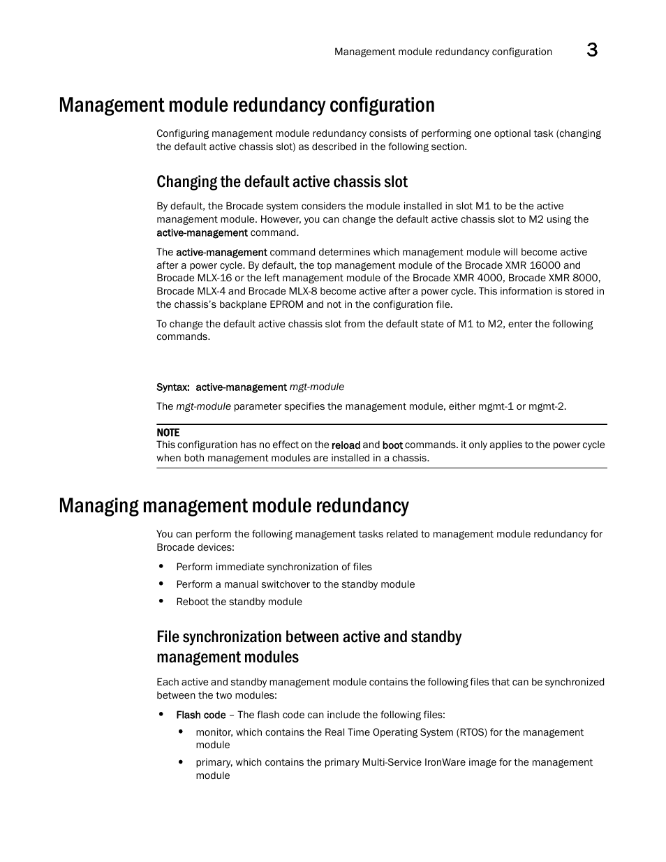 Management module redundancy configuration, Changing the default active chassis slot, Managing management module redundancy | Brocade Multi-Service IronWare Switching Configuration Guide (Supporting R05.6.00) User Manual | Page 83 / 984