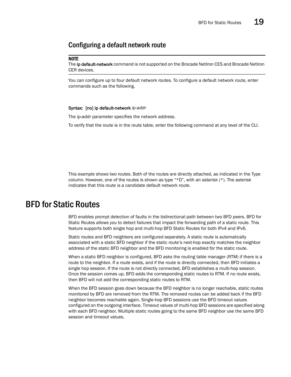 Configuring a default network route, Bfd for static routes | Brocade Multi-Service IronWare Switching Configuration Guide (Supporting R05.6.00) User Manual | Page 831 / 984