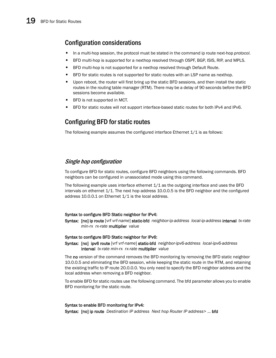 Configuration considerations, Configuring bfd for static routes, Single hop configuration | Brocade Multi-Service IronWare Switching Configuration Guide (Supporting R05.6.00) User Manual | Page 832 / 984