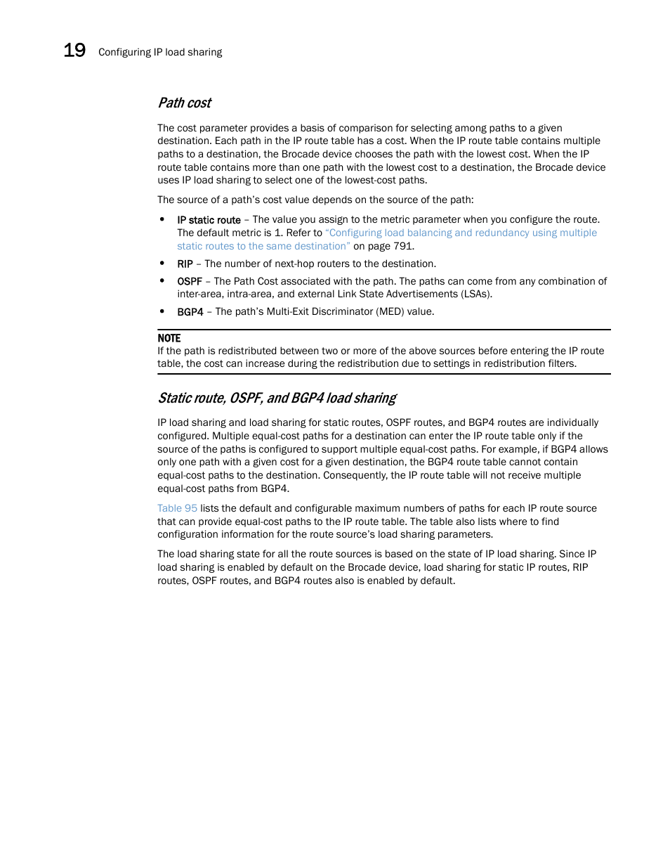 Path cost, Static route, ospf, and bgp4 load sharing | Brocade Multi-Service IronWare Switching Configuration Guide (Supporting R05.6.00) User Manual | Page 836 / 984