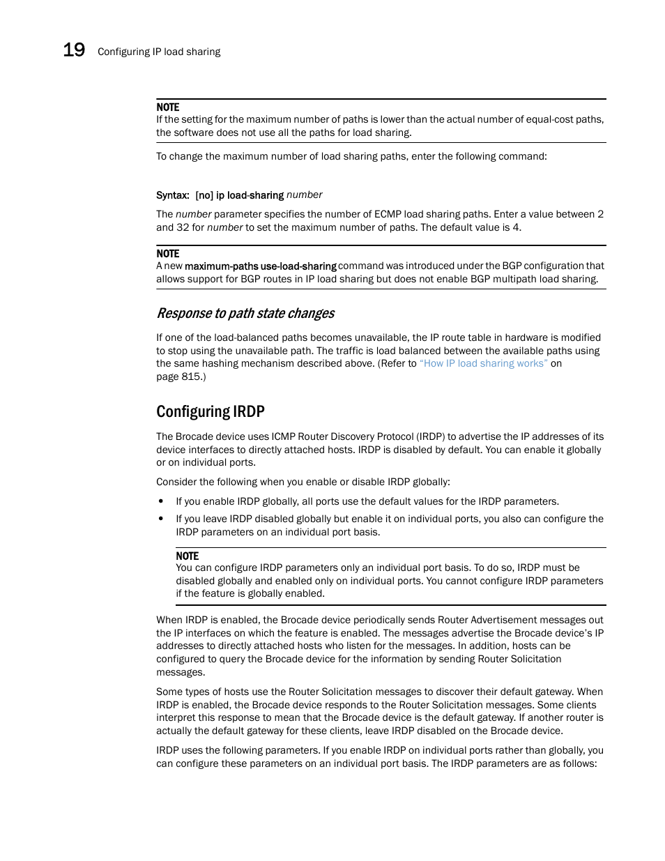 Configuring irdp, Response to path state changes | Brocade Multi-Service IronWare Switching Configuration Guide (Supporting R05.6.00) User Manual | Page 846 / 984