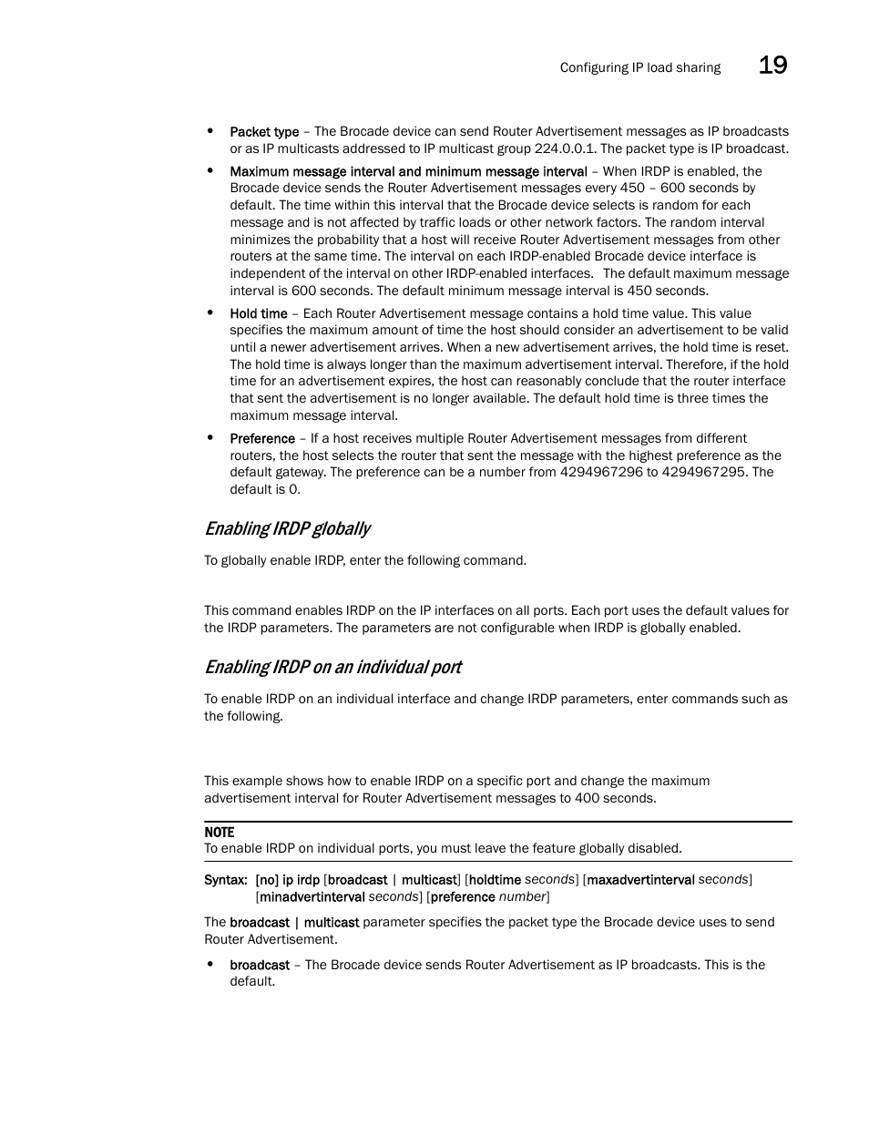 Enabling irdp globally, Enabling irdp on an individual port | Brocade Multi-Service IronWare Switching Configuration Guide (Supporting R05.6.00) User Manual | Page 847 / 984