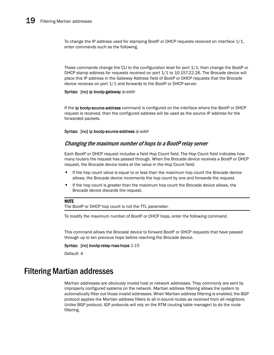 Filtering martian addresses | Brocade Multi-Service IronWare Switching Configuration Guide (Supporting R05.6.00) User Manual | Page 852 / 984