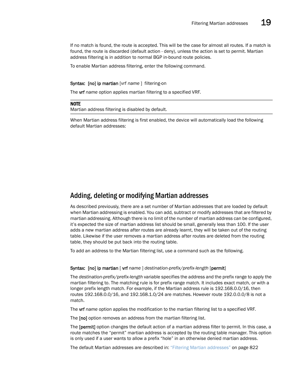 Adding, deleting or modifying martian addresses | Brocade Multi-Service IronWare Switching Configuration Guide (Supporting R05.6.00) User Manual | Page 853 / 984