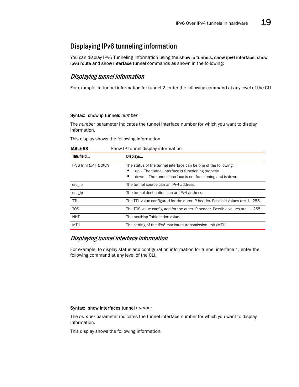 Displaying ipv6 tunneling information, Displaying tunnel information, Displaying tunnel interface information | Brocade Multi-Service IronWare Switching Configuration Guide (Supporting R05.6.00) User Manual | Page 861 / 984