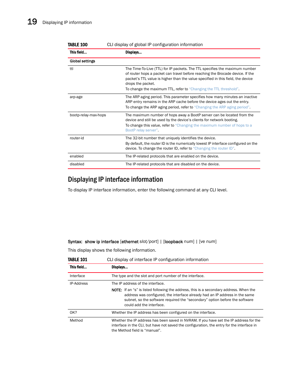 Displaying ip interface information | Brocade Multi-Service IronWare Switching Configuration Guide (Supporting R05.6.00) User Manual | Page 864 / 984