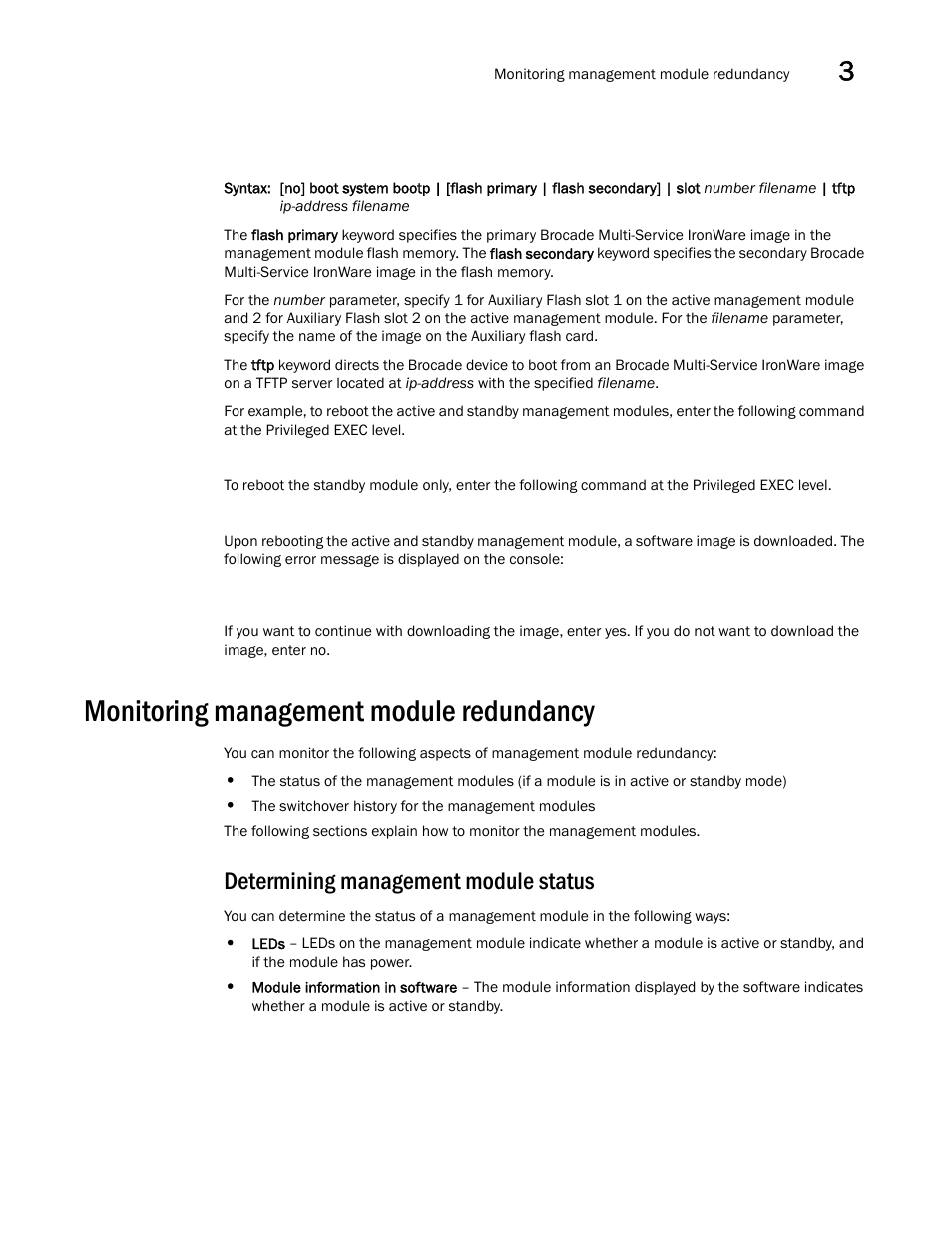 Monitoring management module redundancy, Determining management module status | Brocade Multi-Service IronWare Switching Configuration Guide (Supporting R05.6.00) User Manual | Page 87 / 984