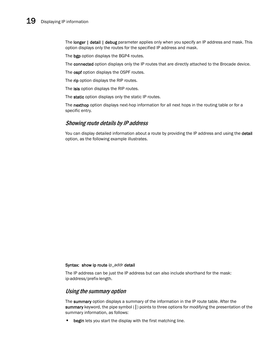 Showing route details by ip address, Using the summary option | Brocade Multi-Service IronWare Switching Configuration Guide (Supporting R05.6.00) User Manual | Page 872 / 984