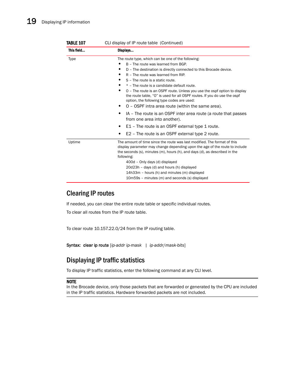 Clearing ip routes, Displaying ip traffic statistics | Brocade Multi-Service IronWare Switching Configuration Guide (Supporting R05.6.00) User Manual | Page 876 / 984