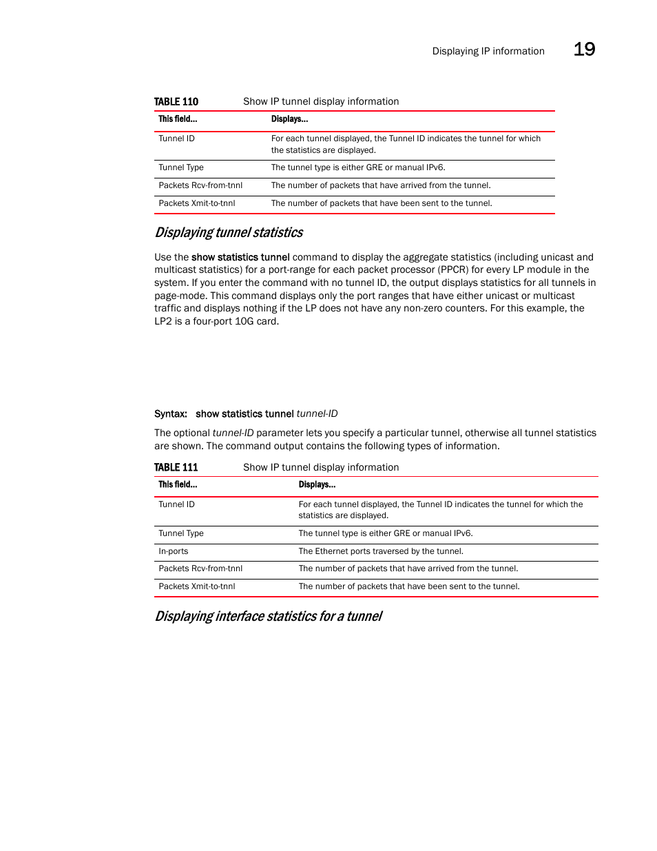 Displaying tunnel statistics, Displaying interface statistics for a tunnel | Brocade Multi-Service IronWare Switching Configuration Guide (Supporting R05.6.00) User Manual | Page 881 / 984