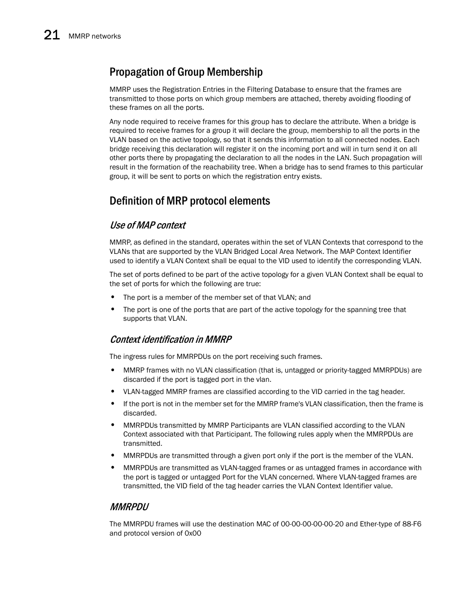 Propagation of group membership, Definition of mrp protocol elements, Use of map context | Context identification in mmrp, Mmrpdu | Brocade Multi-Service IronWare Switching Configuration Guide (Supporting R05.6.00) User Manual | Page 896 / 984