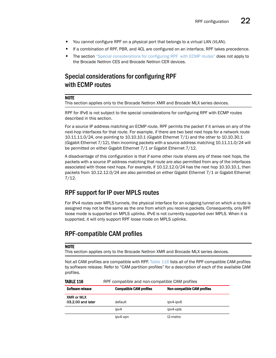 Rpf support for ip over mpls routes, Rpf-compatible cam profiles | Brocade Multi-Service IronWare Switching Configuration Guide (Supporting R05.6.00) User Manual | Page 909 / 984