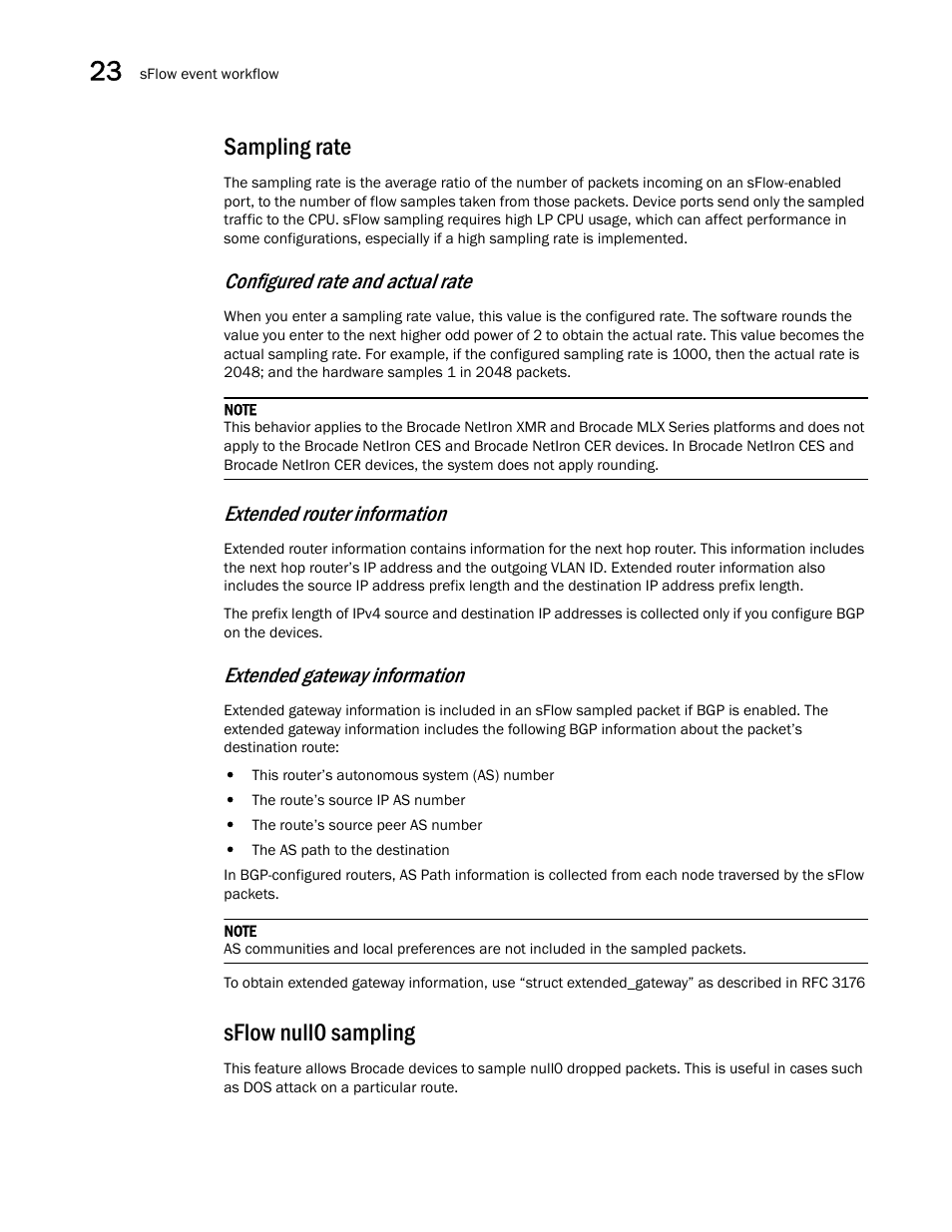 Sampling rate, Sflow null0 sampling, Configured rate and actual rate | Extended router information, Extended gateway information | Brocade Multi-Service IronWare Switching Configuration Guide (Supporting R05.6.00) User Manual | Page 920 / 984