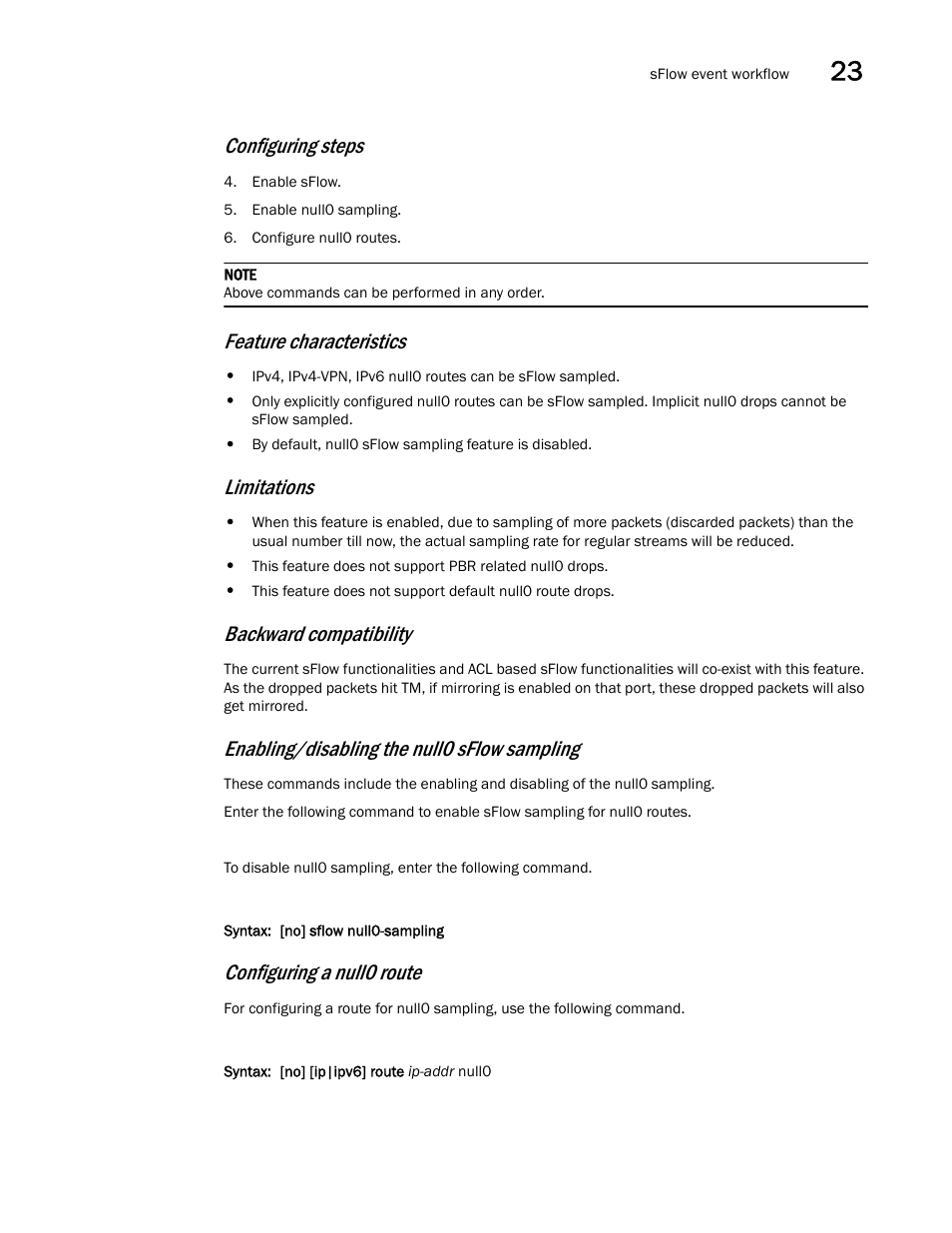 Configuring steps, Feature characteristics, Limitations | Backward compatibility, Enabling/disabling the null0 sflow sampling, Configuring a null0 route | Brocade Multi-Service IronWare Switching Configuration Guide (Supporting R05.6.00) User Manual | Page 921 / 984