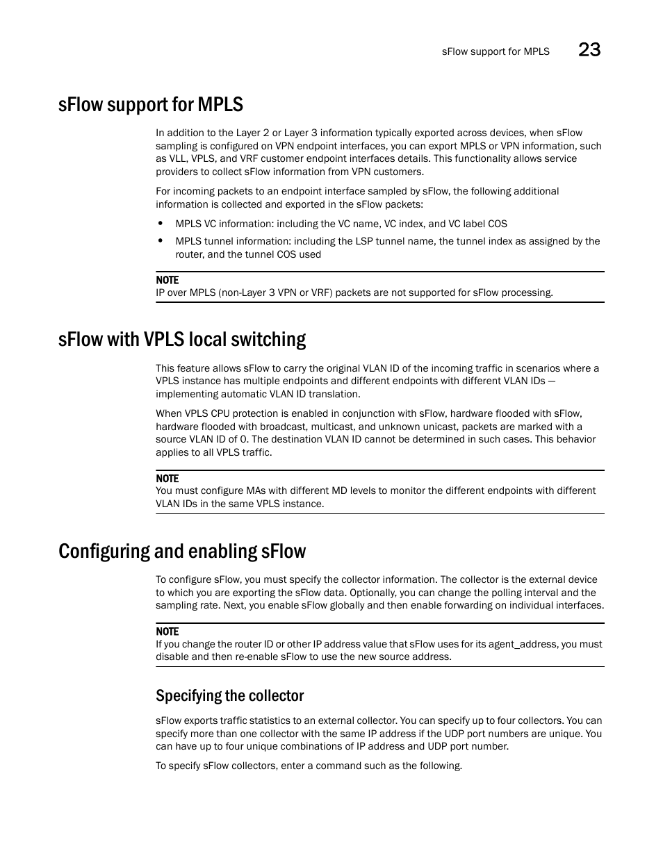 Sflow support for mpls, Sflow with vpls local switching, Configuring and enabling sflow | Specifying the collector | Brocade Multi-Service IronWare Switching Configuration Guide (Supporting R05.6.00) User Manual | Page 923 / 984