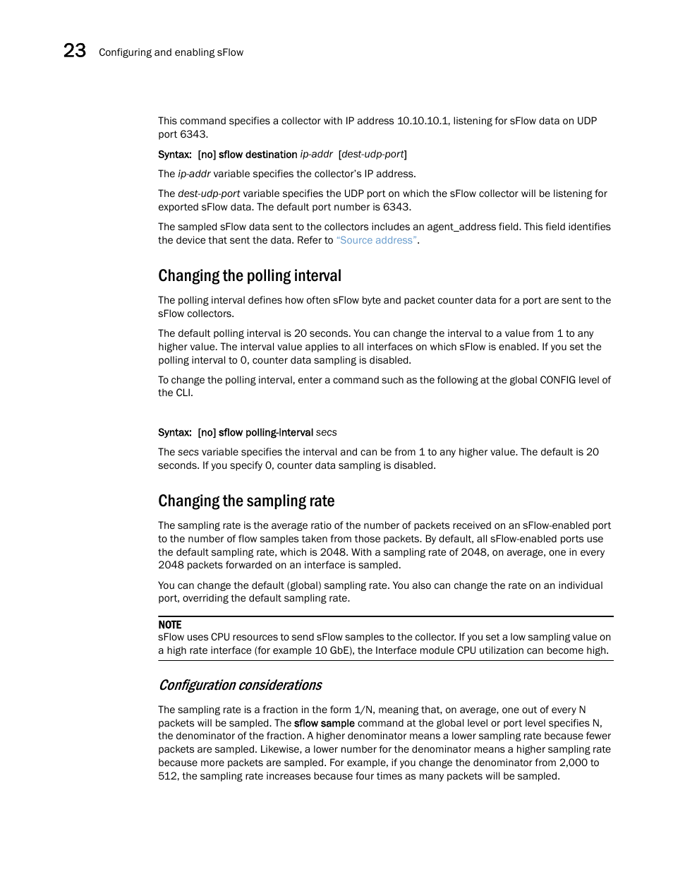 Changing the polling interval, Changing the sampling rate, Configuration considerations | Brocade Multi-Service IronWare Switching Configuration Guide (Supporting R05.6.00) User Manual | Page 924 / 984