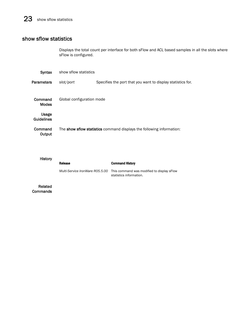 Show sflow statistics | Brocade Multi-Service IronWare Switching Configuration Guide (Supporting R05.6.00) User Manual | Page 936 / 984