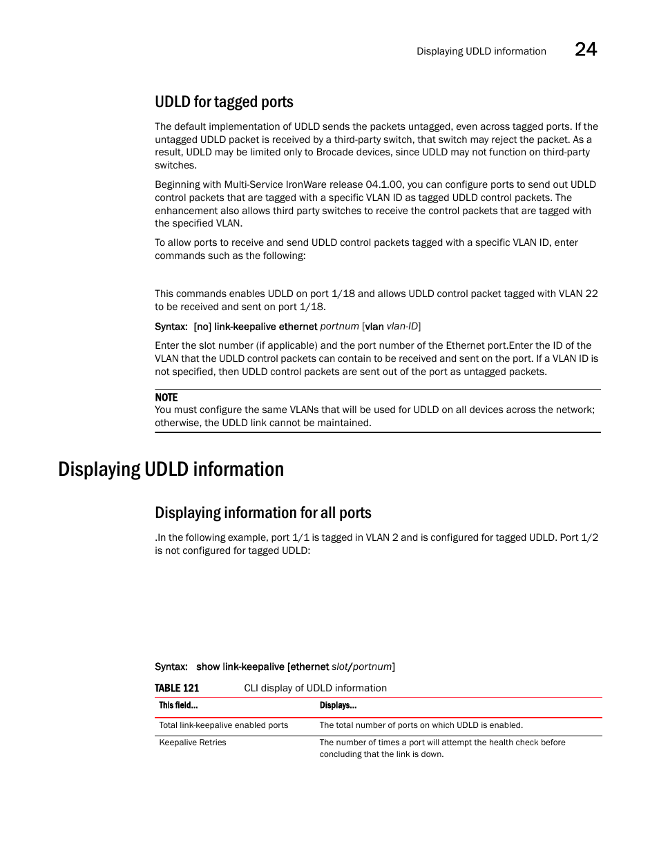 Udld for tagged ports, Displaying udld information, Displaying information for all ports | Brocade Multi-Service IronWare Switching Configuration Guide (Supporting R05.6.00) User Manual | Page 939 / 984