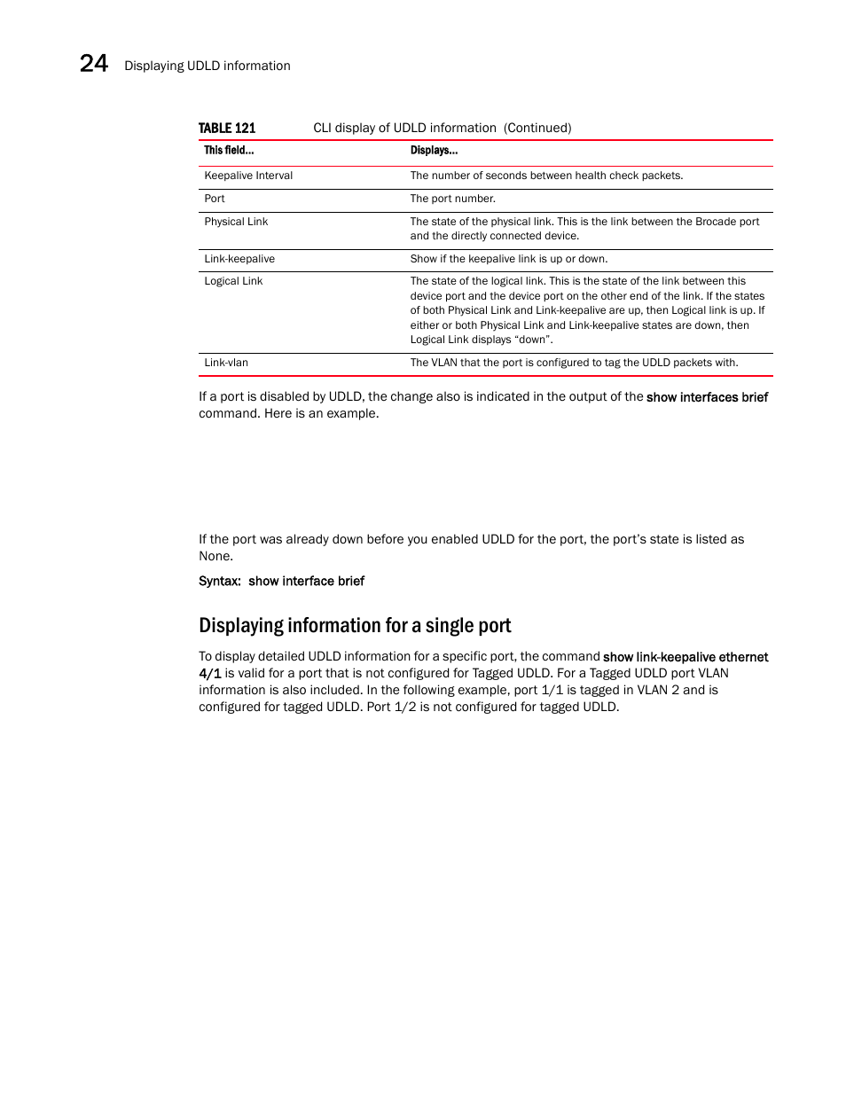 Displaying information for a single port | Brocade Multi-Service IronWare Switching Configuration Guide (Supporting R05.6.00) User Manual | Page 940 / 984