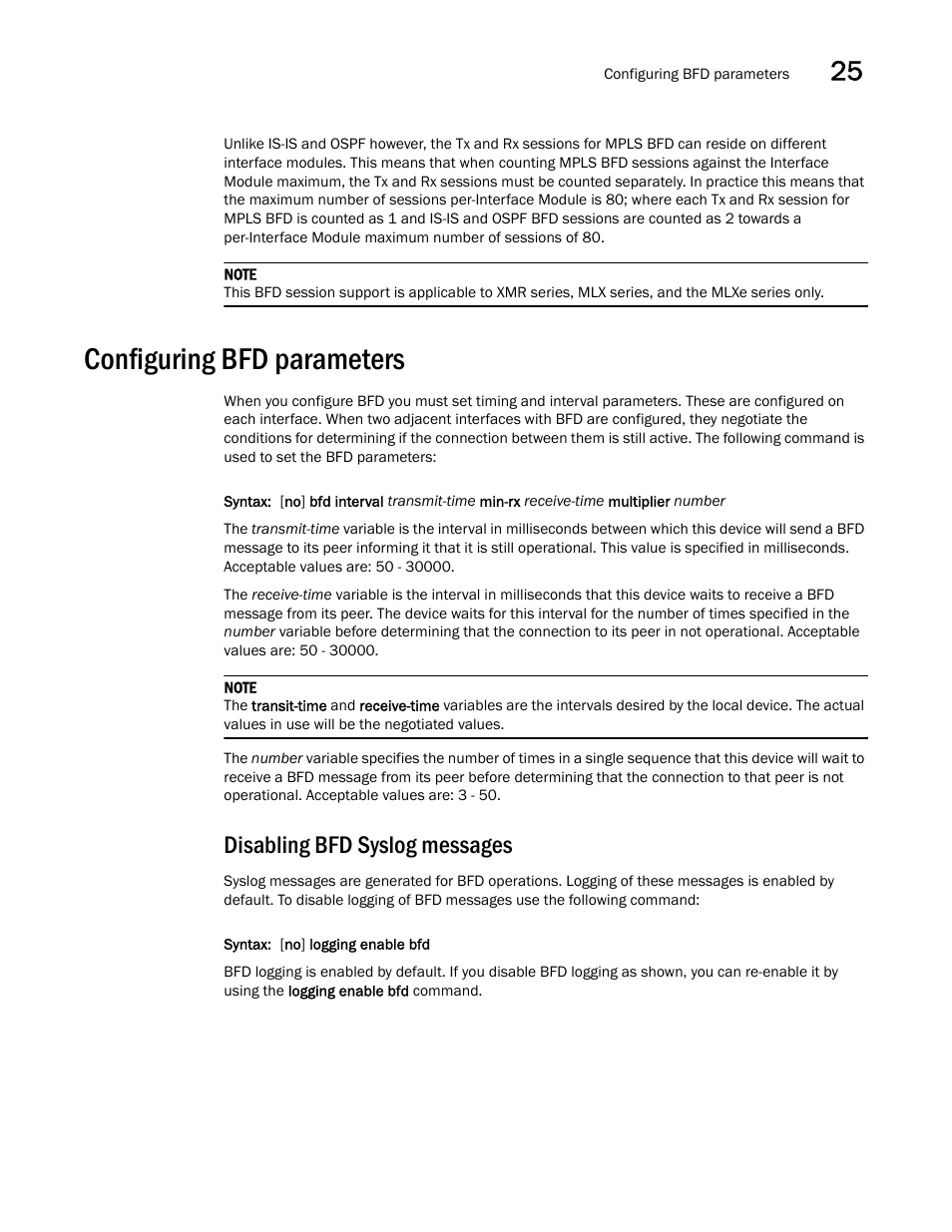 Configuring bfd parameters, Disabling bfd syslog messages | Brocade Multi-Service IronWare Switching Configuration Guide (Supporting R05.6.00) User Manual | Page 945 / 984